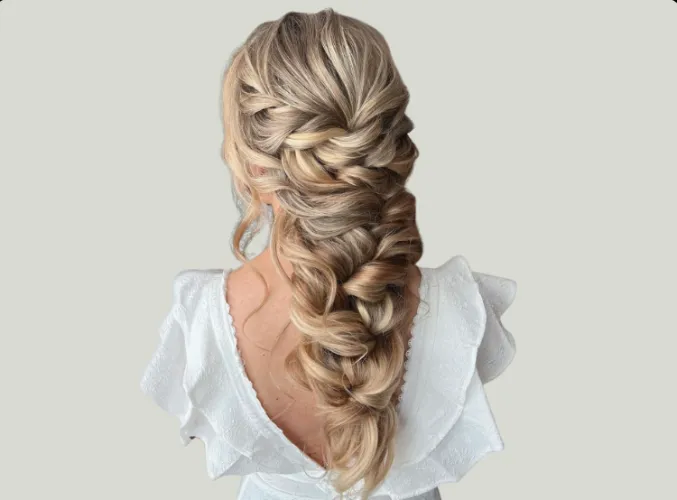 A finished hairstyle featuring hair braiding.