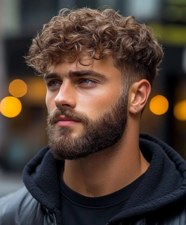 Man with curly Perms for Men hairstyle and beard